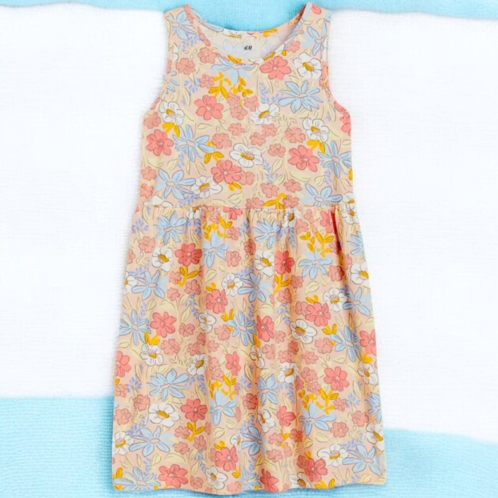 H&M Brown with Blue flowers Sleeveless dress 100% Cotton Airy & Sting free NWT